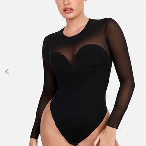Black Long-Sleeve Sheer Panel Bodysuit